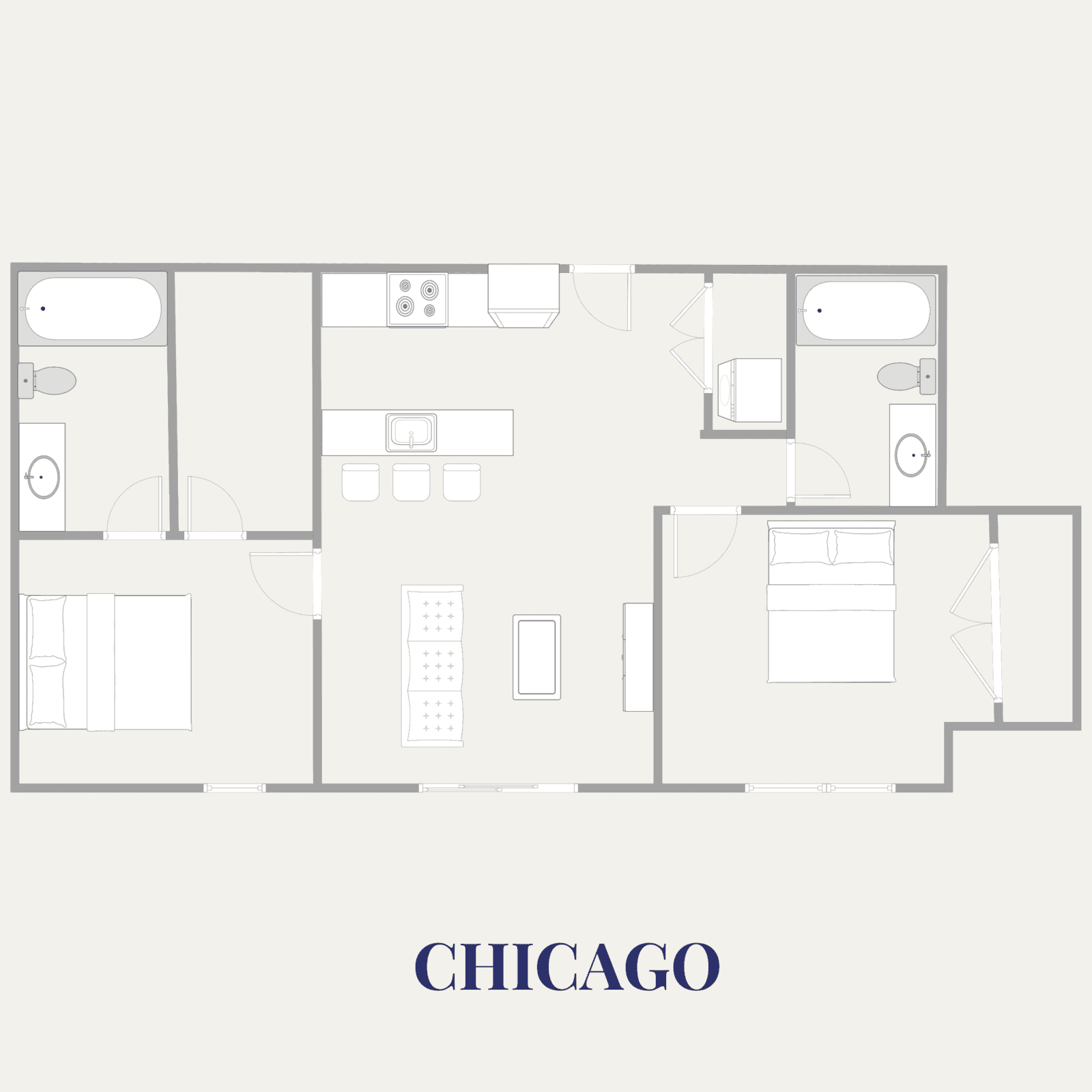 Floor plan of a modern 2-bedroom apartment in Chicago with living area, kitchen, and bathrooms.