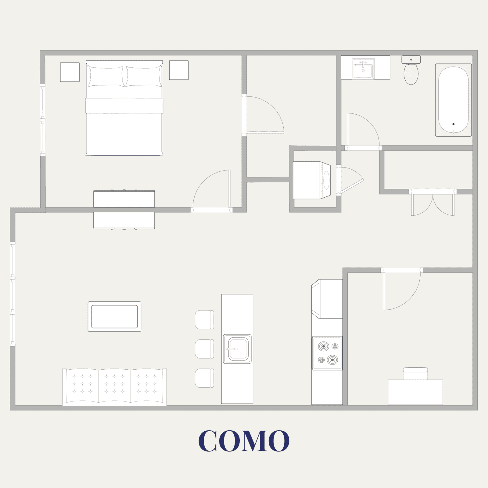 Floor plan of a modern one-bedroom apartment in Minneapolis, MN.