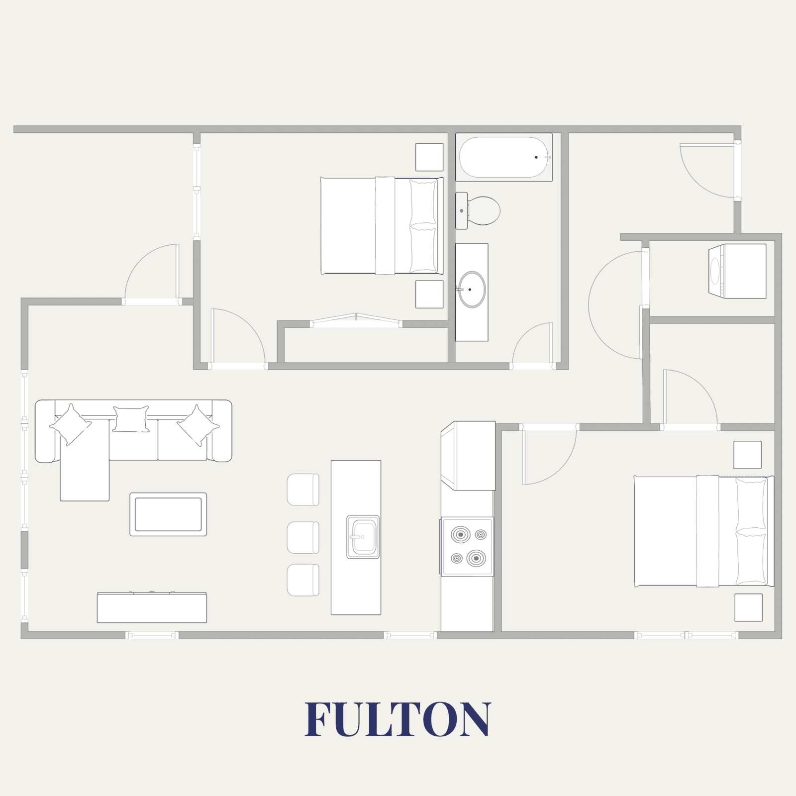 Spacious apartment layout with living room, kitchen, bedrooms, and bathroom at The Pearl Apartments.
