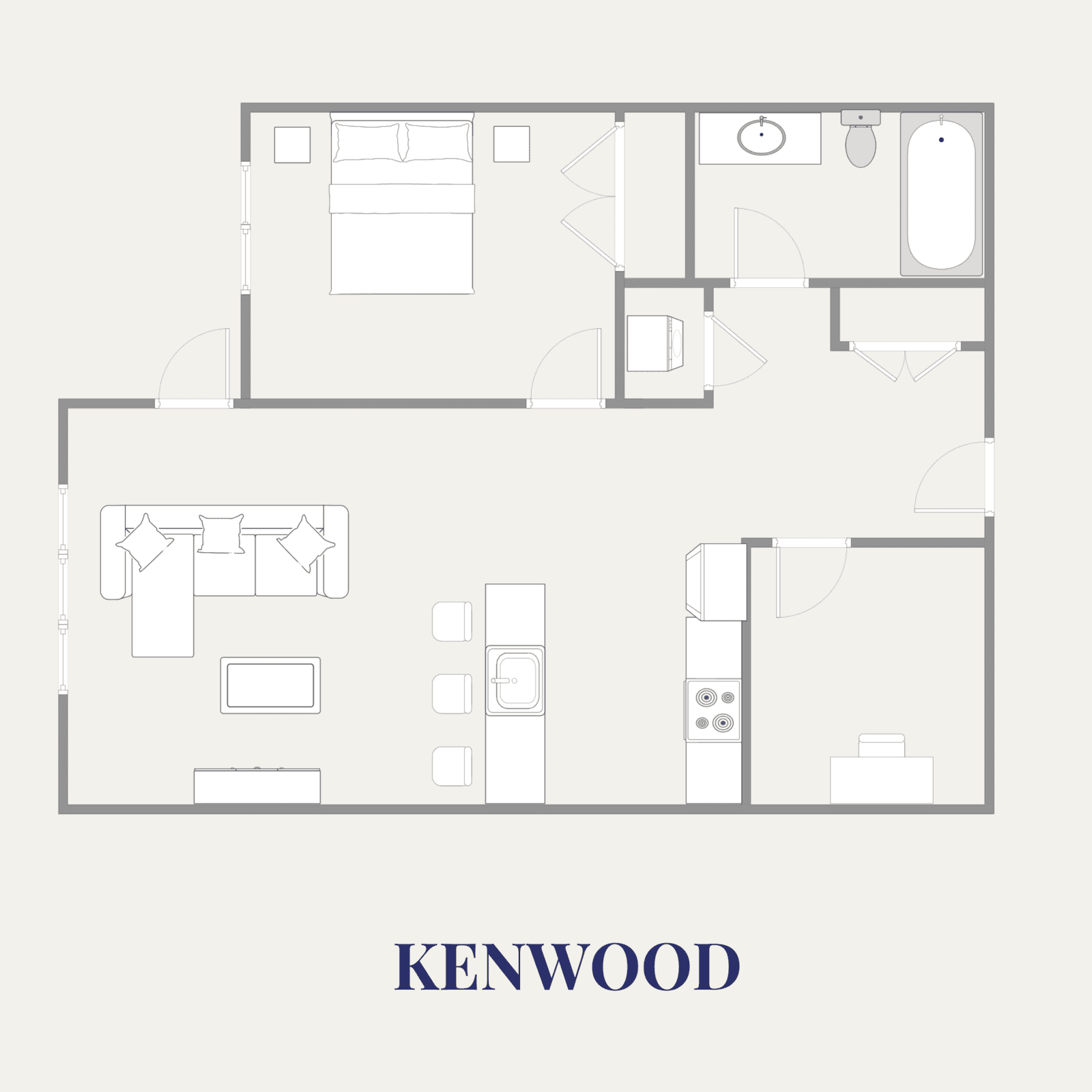 Floor plan of a modern Minneapolis apartment with bedroom, bathroom, living room, and kitchen.
