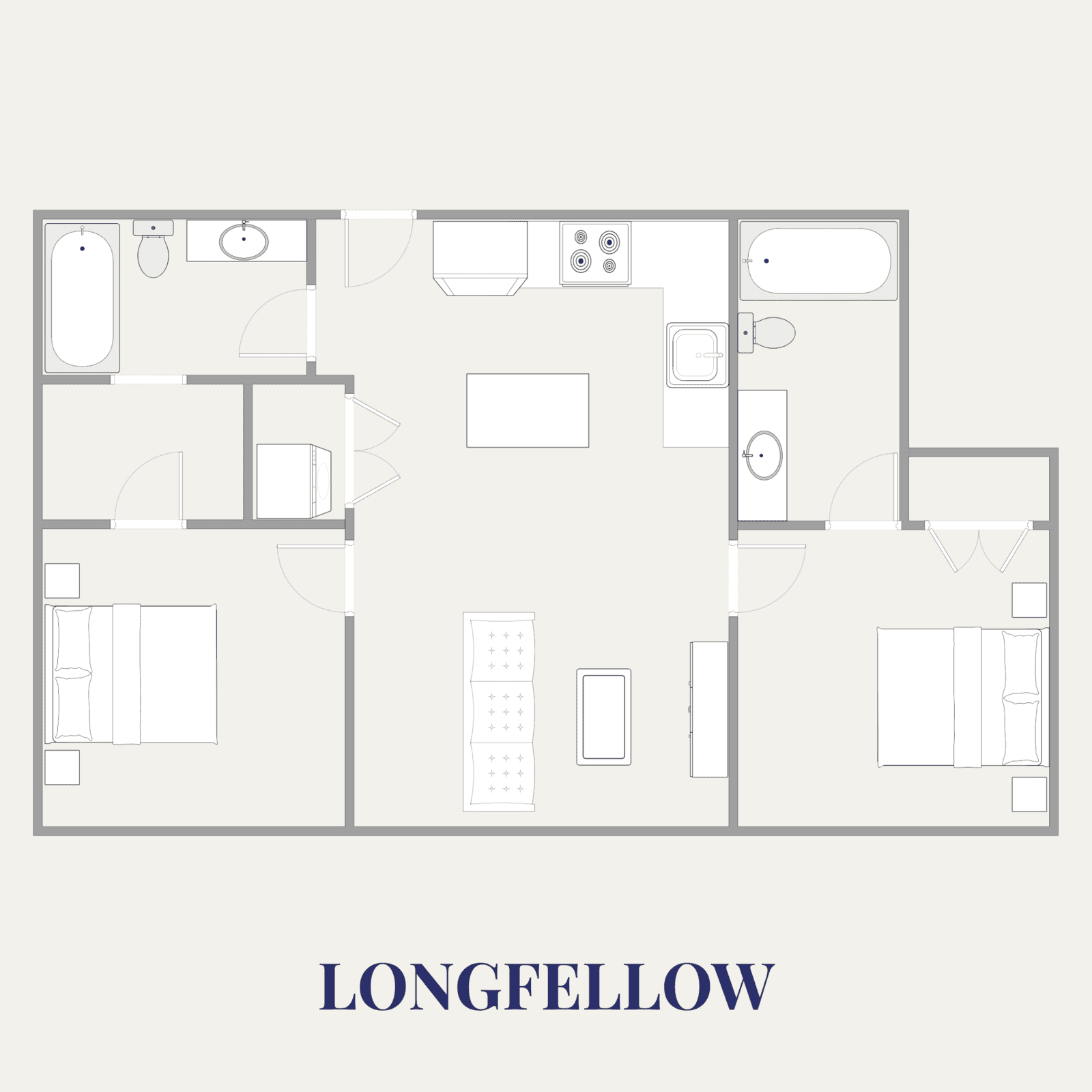 Floor plan of a modern two-bedroom apartment at The Pearl Apartments in Minneapolis, MN.