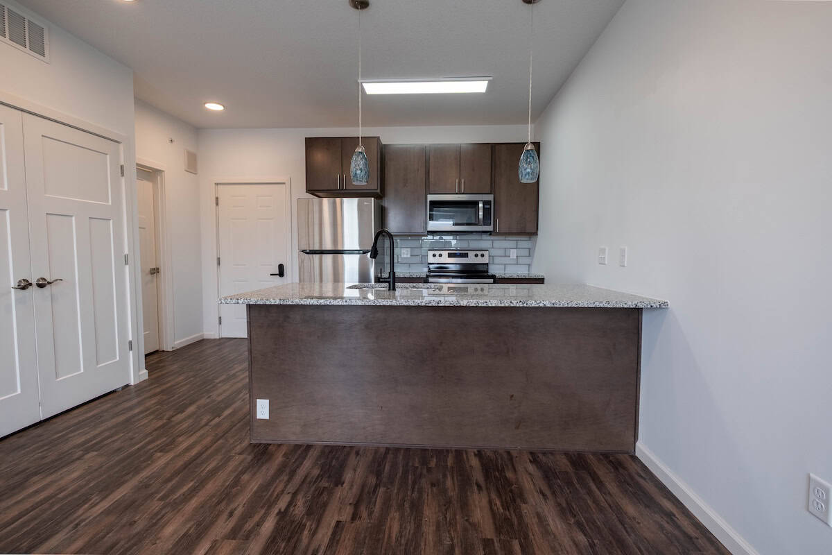 Modern kitchen with dark wood cabinets, stainless steel appliances, and granite countertops.