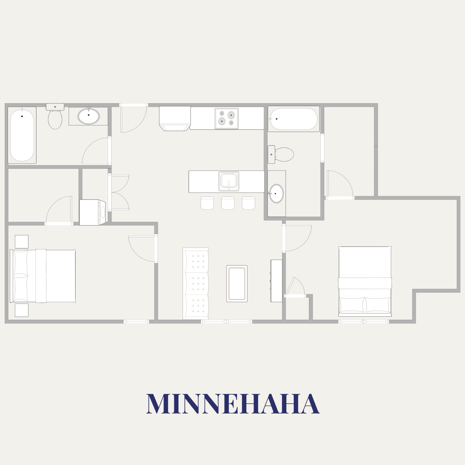 Floor plan of a modern Minneapolis apartment with two bedrooms and two bathrooms.