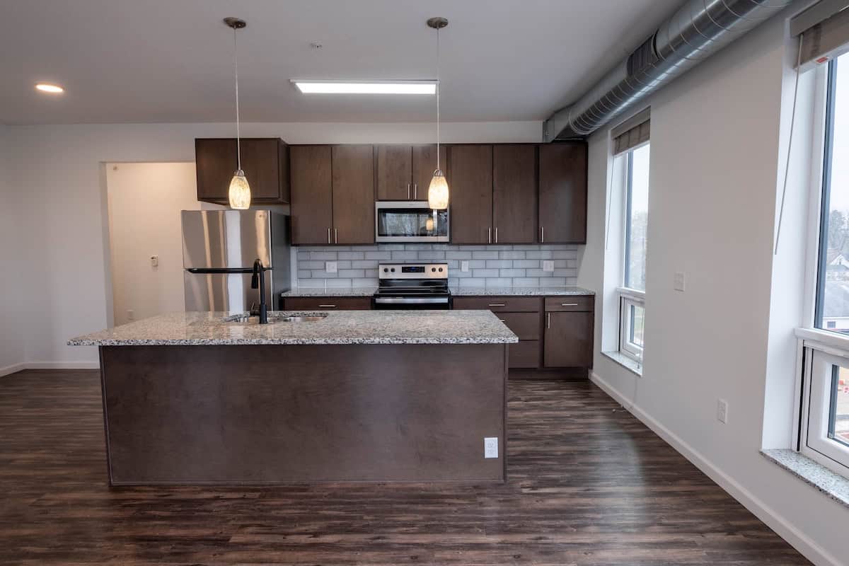 Modern kitchen with granite island, stainless steel appliances, and large windows in Minneapolis apa.