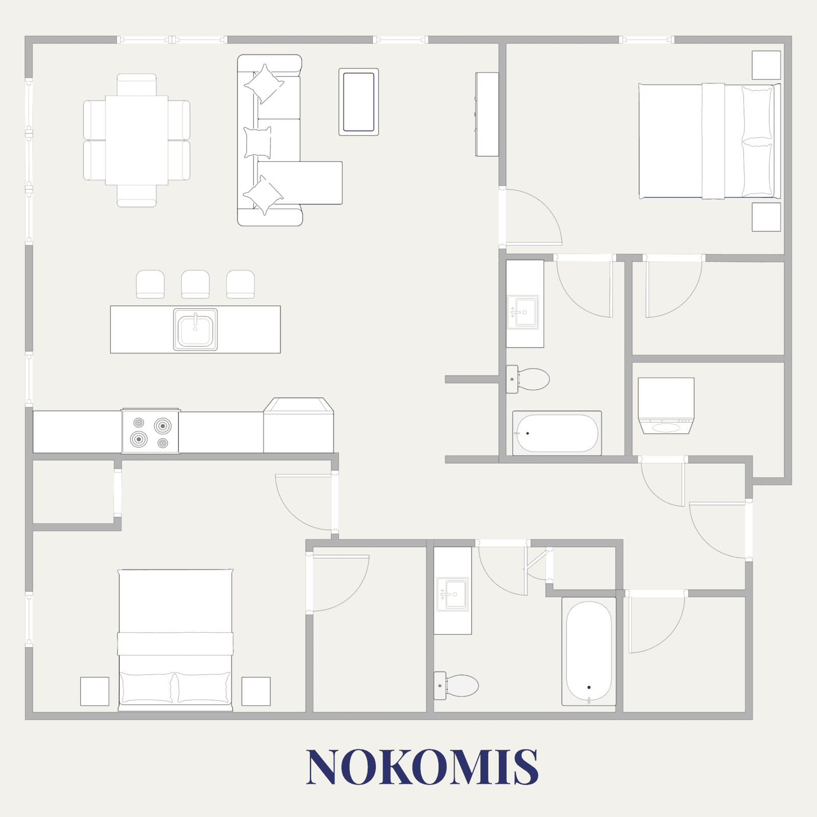 Detailed floor plan of a modern 2-bedroom apartment at The Pearl Apartments in Minneapolis, MN.