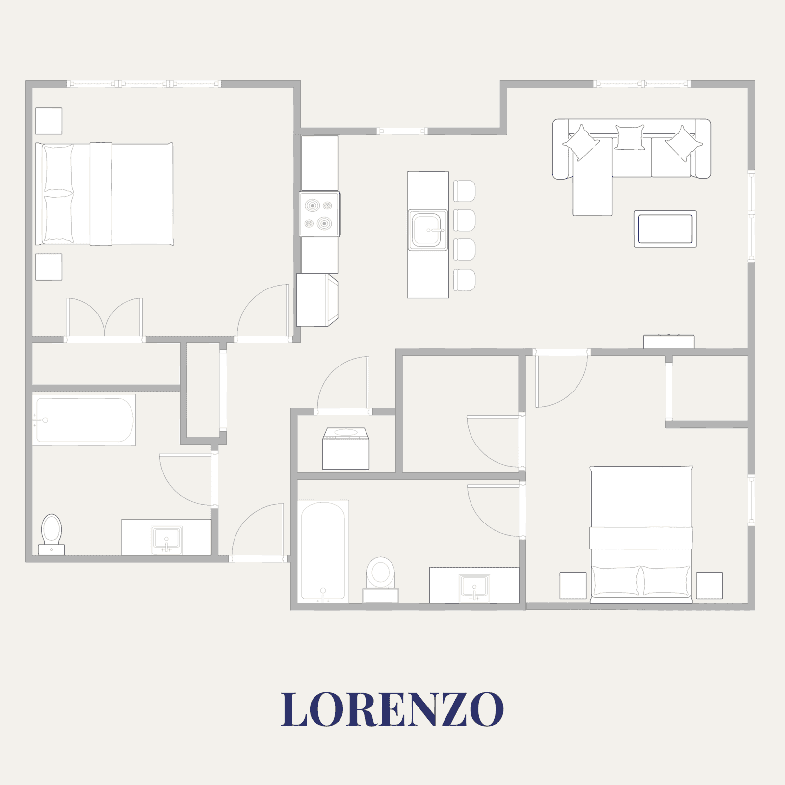 Detailed floor plan of a modern 2-bedroom apartment at The Pearl Apartments, Minneapolis, MN.