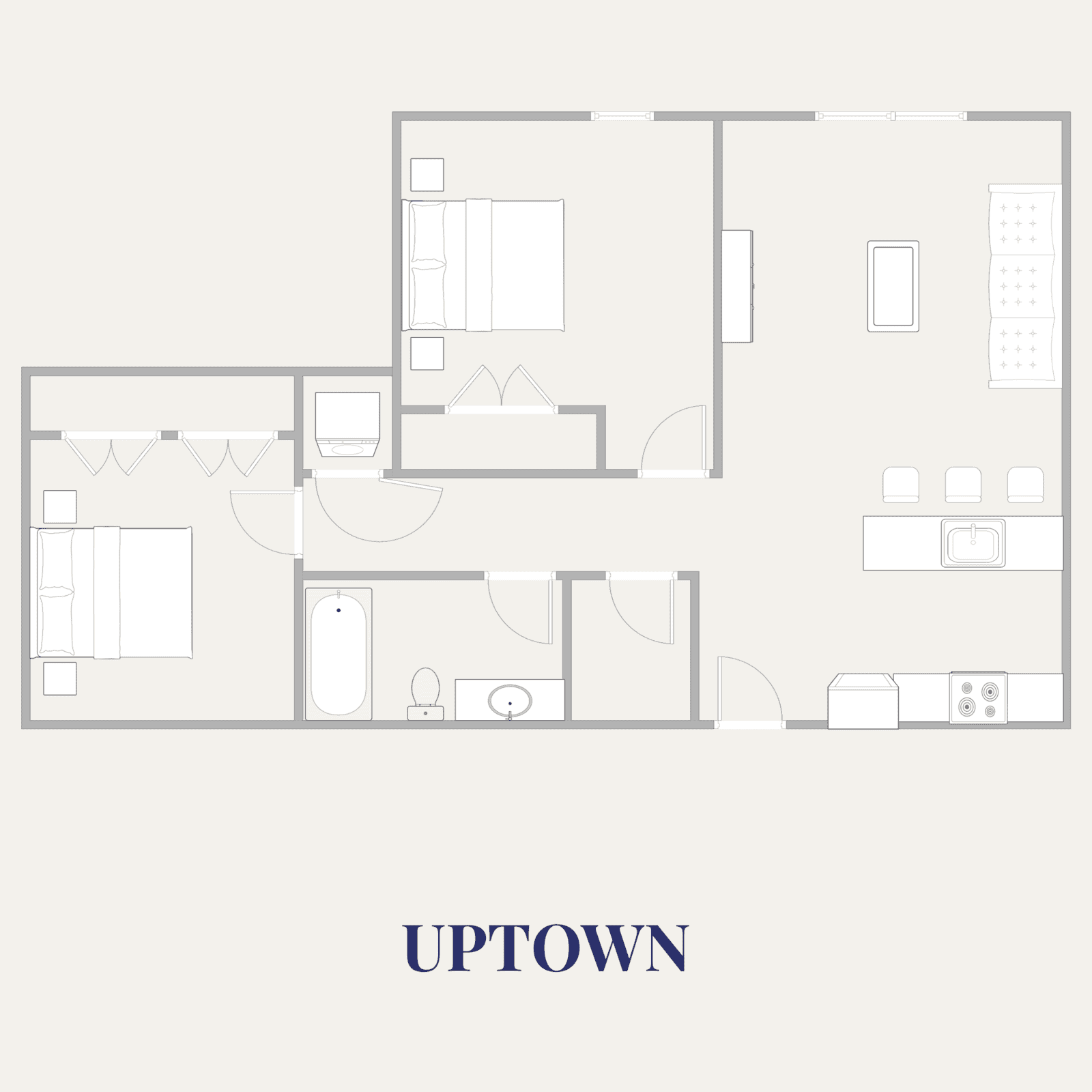 Spacious layout with living area, kitchen, bedrooms, and bathroom.