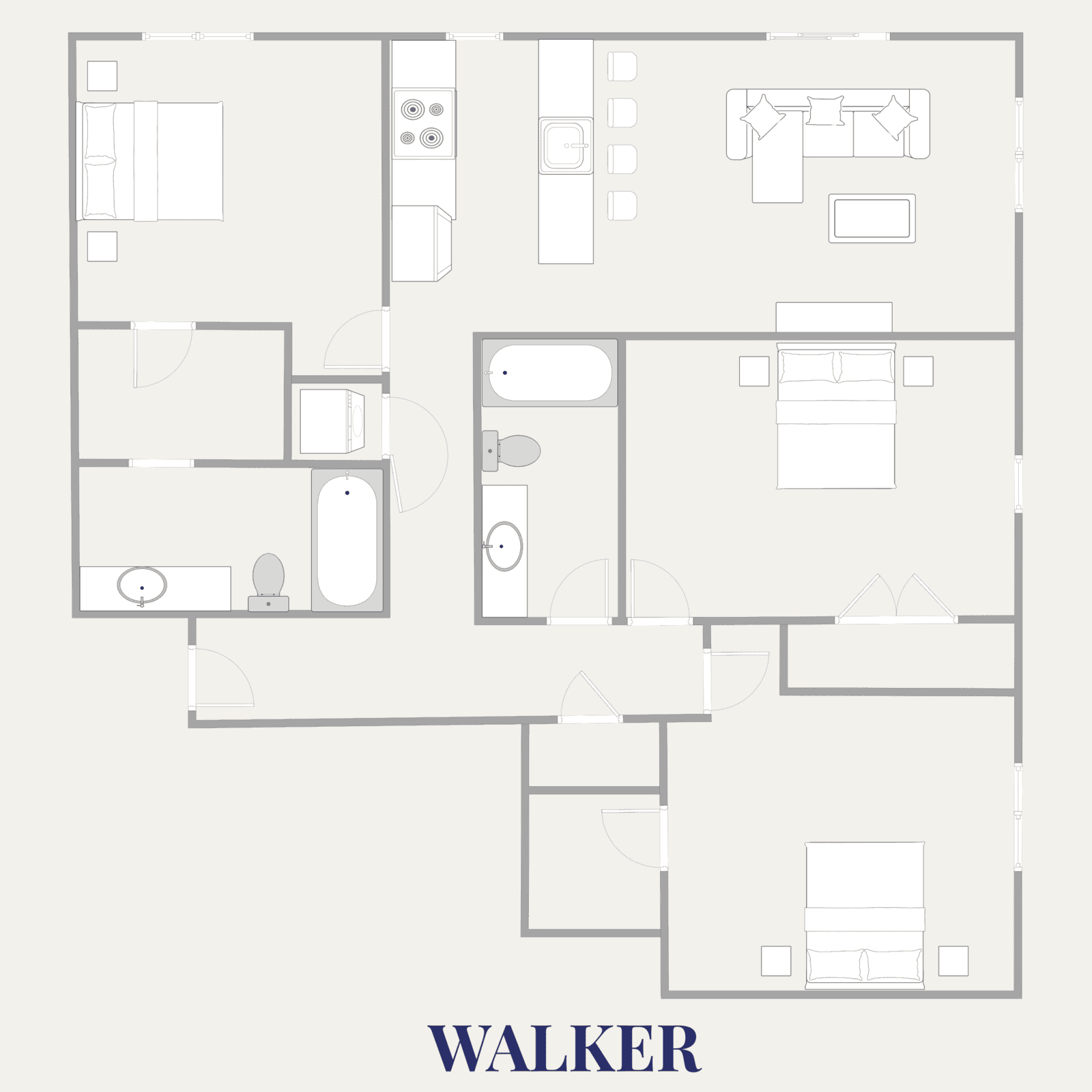 Spacious apartment layout with two bedrooms, two bathrooms, and an open living area.