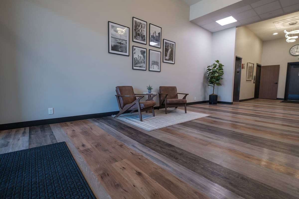 Modern lobby area at The Pearl Apartments in Minneapolis, MN.
