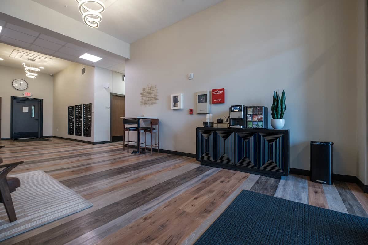 Interior view of the lobby at The Pearl Apartments in Minneapolis, MN.